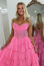 Pink Sweetheart A Line Chiffon Ruffled Wedding Guest Dress With Appliques - Curvevia