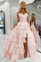 Pink Sweetheart A Line Chiffon Ruffled Wedding Guest Dress With Appliques - Curvevia