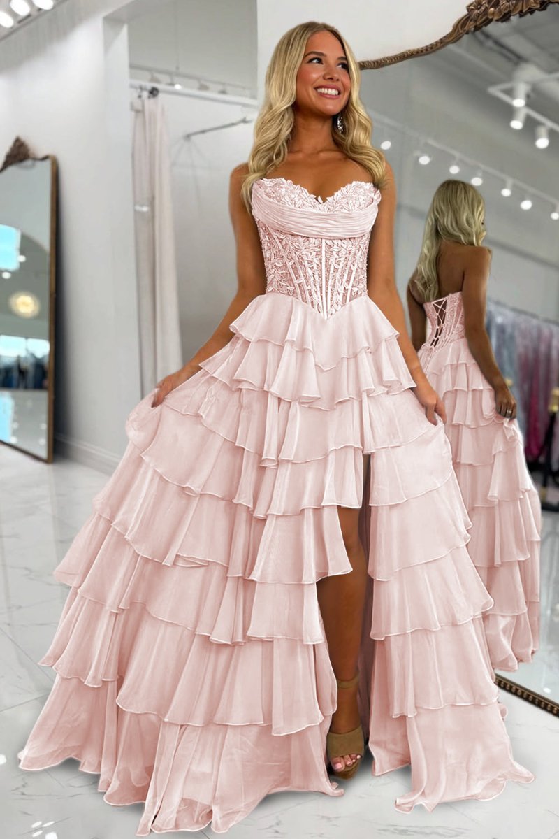 Pink Sweetheart A Line Chiffon Ruffled Wedding Guest Dress With Appliques - Curvevia