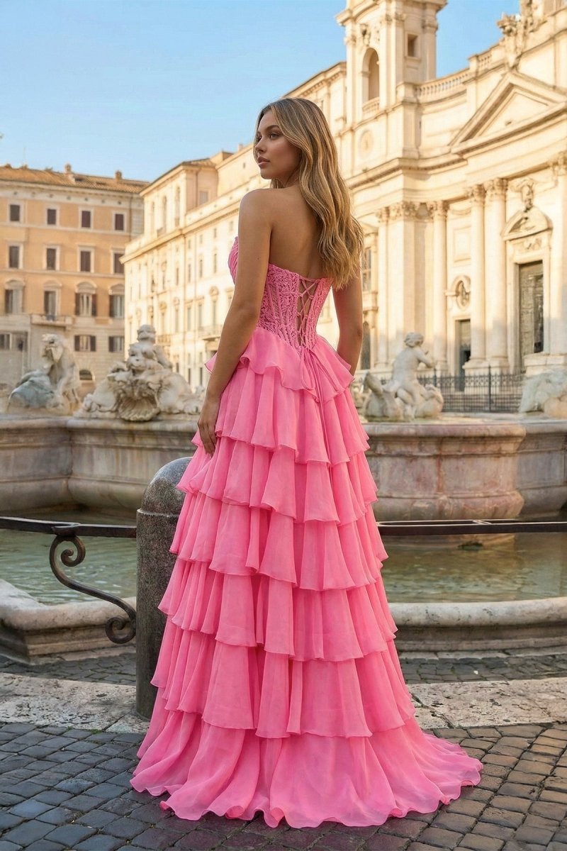 Pink Sweetheart A Line Chiffon Ruffled Wedding Guest Dress With Appliques - Curvevia