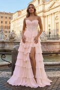 Pink Sweetheart A Line Chiffon Ruffled Wedding Guest Dress With Appliques - Curvevia