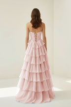 Pink Sweetheart A Line Chiffon Ruffled Wedding Guest Dress With Appliques - Curvevia