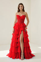 Red Sweetheart A Line Chiffon Ruffled Wedding Guest Dress With Appliques - Curvevia