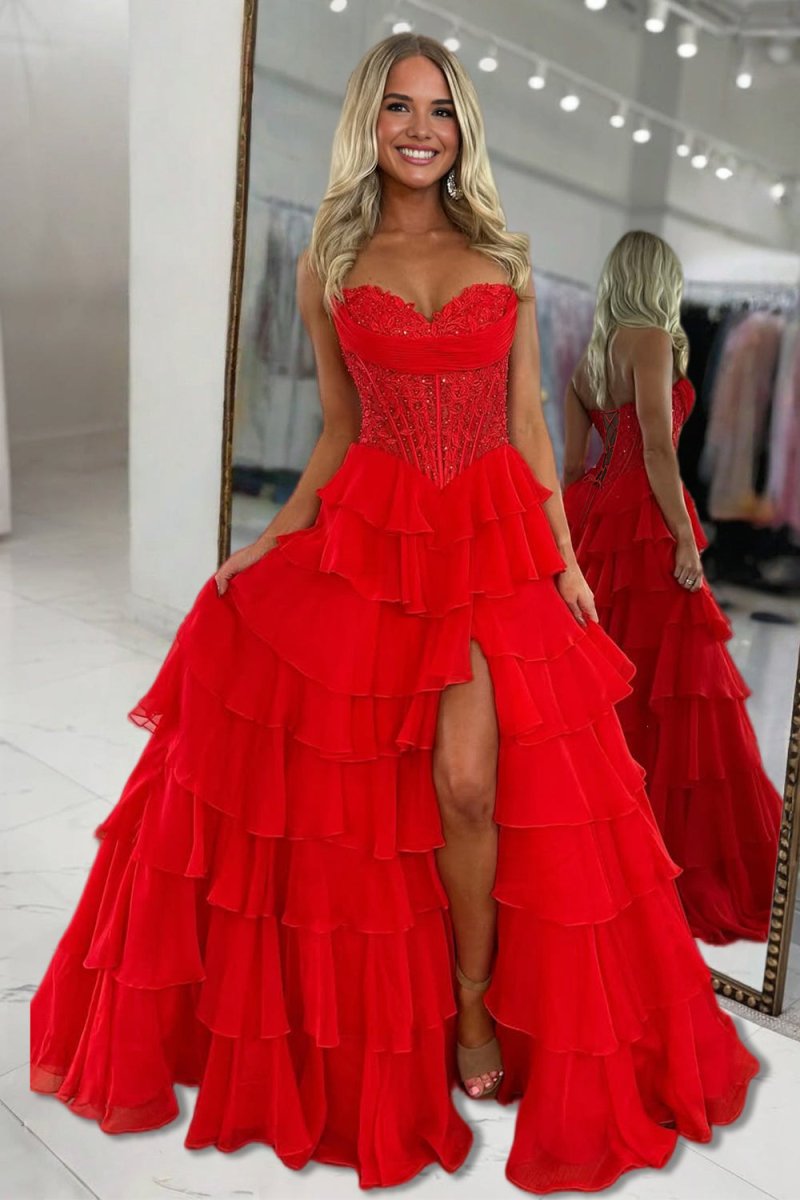 Pink Sweetheart A Line Chiffon Ruffled Wedding Guest Dress With Appliques - Curvevia