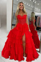 Red Sweetheart A Line Chiffon Ruffled Wedding Guest Dress With Appliques - Curvevia