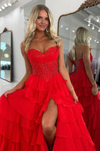 Pink Sweetheart A Line Chiffon Ruffled Wedding Guest Dress With Appliques - Curvevia