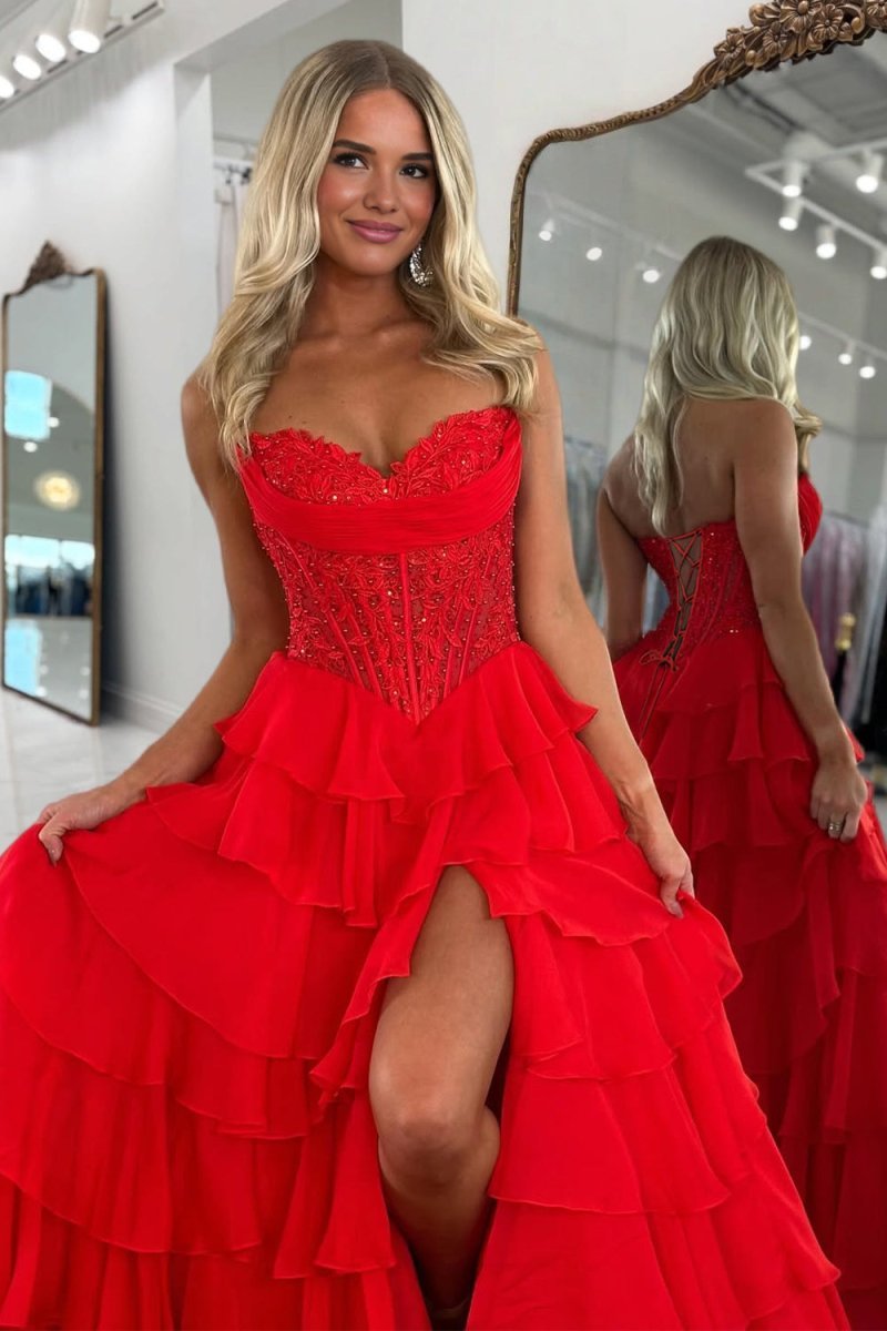 Pink Sweetheart A Line Chiffon Ruffled Wedding Guest Dress With Appliques - Curvevia