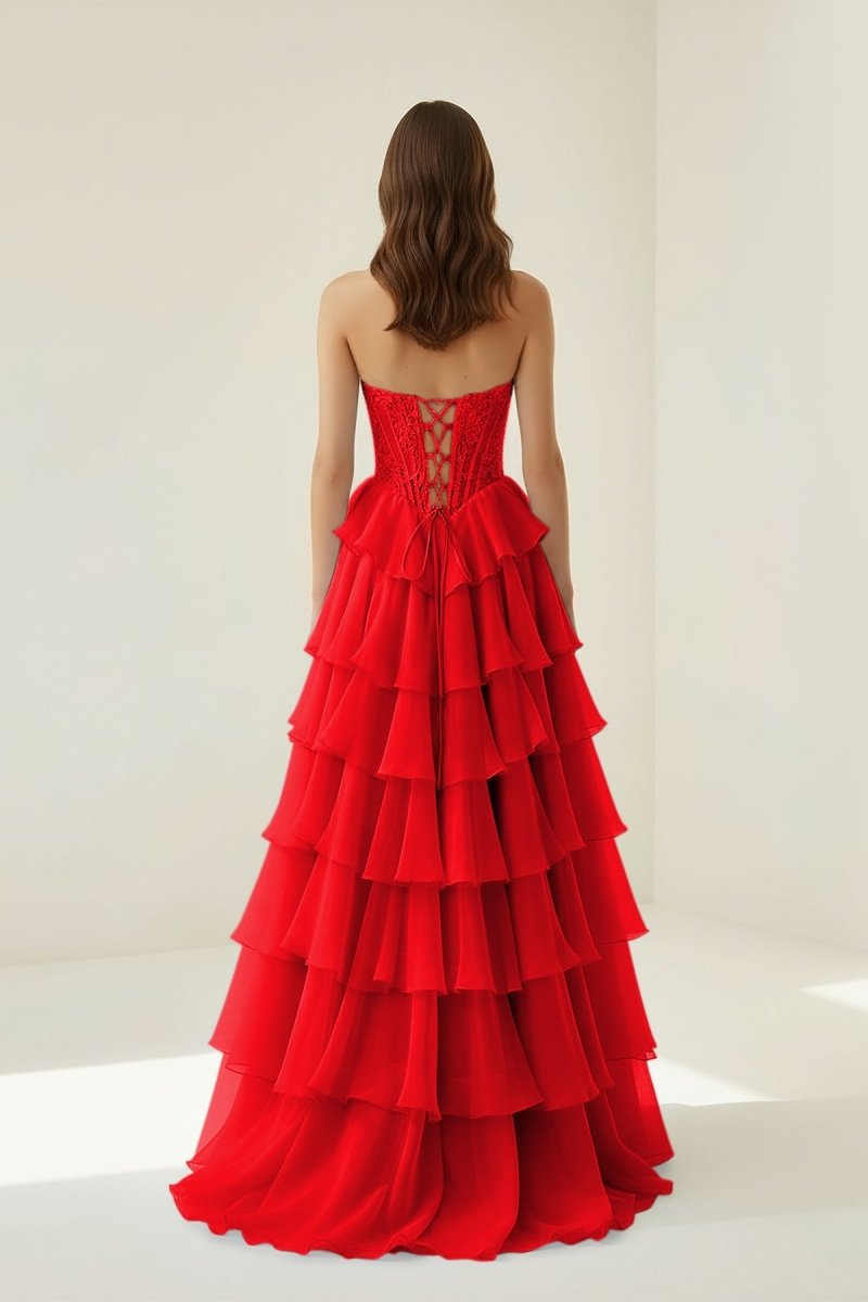 Red Sweetheart A Line Chiffon Ruffled Wedding Guest Dress With Appliques - Curvevia
