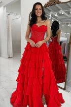 Pink Sweetheart A Line Chiffon Ruffled Wedding Guest Dress With Appliques - Curvevia
