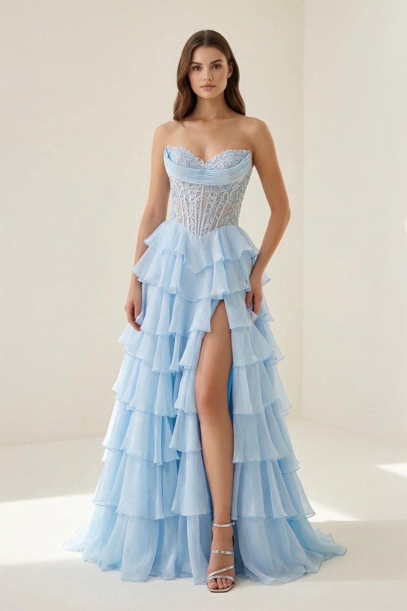 Sky Blue Sweetheart A Line Chiffon Ruffled Wedding Guest Dress With Appliques - Curvevia