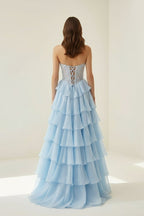 Sky Blue Sweetheart A Line Chiffon Ruffled Wedding Guest Dress With Appliques - Curvevia