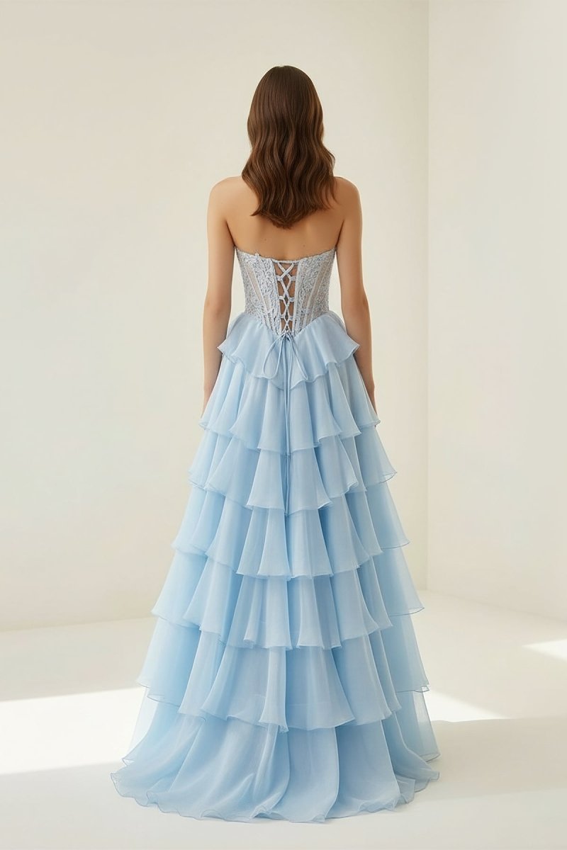 Sky Blue Sweetheart A Line Chiffon Ruffled Wedding Guest Dress With Appliques - Curvevia
