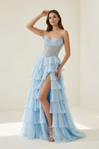 Sky Blue Sweetheart A Line Chiffon Ruffled Wedding Guest Dress With Appliques - Curvevia