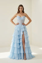 Sky Blue Sweetheart A Line Chiffon Ruffled Wedding Guest Dress With Appliques - Curvevia