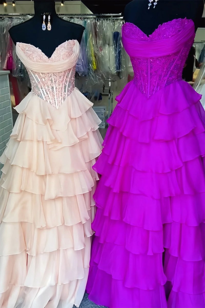 Pink Sweetheart A Line Chiffon Ruffled Wedding Guest Dress With Appliques - Curvevia
