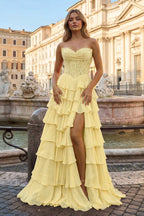 Yellow Sweetheart A Line Chiffon Ruffled Wedding Guest Dress With Appliques - Curvevia