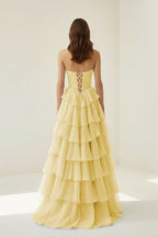 Yellow Sweetheart A Line Chiffon Ruffled Wedding Guest Dress With Appliques - Curvevia