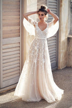 Romantic Ivory Lace Flower Appliques Wedding Dress - Curvevia