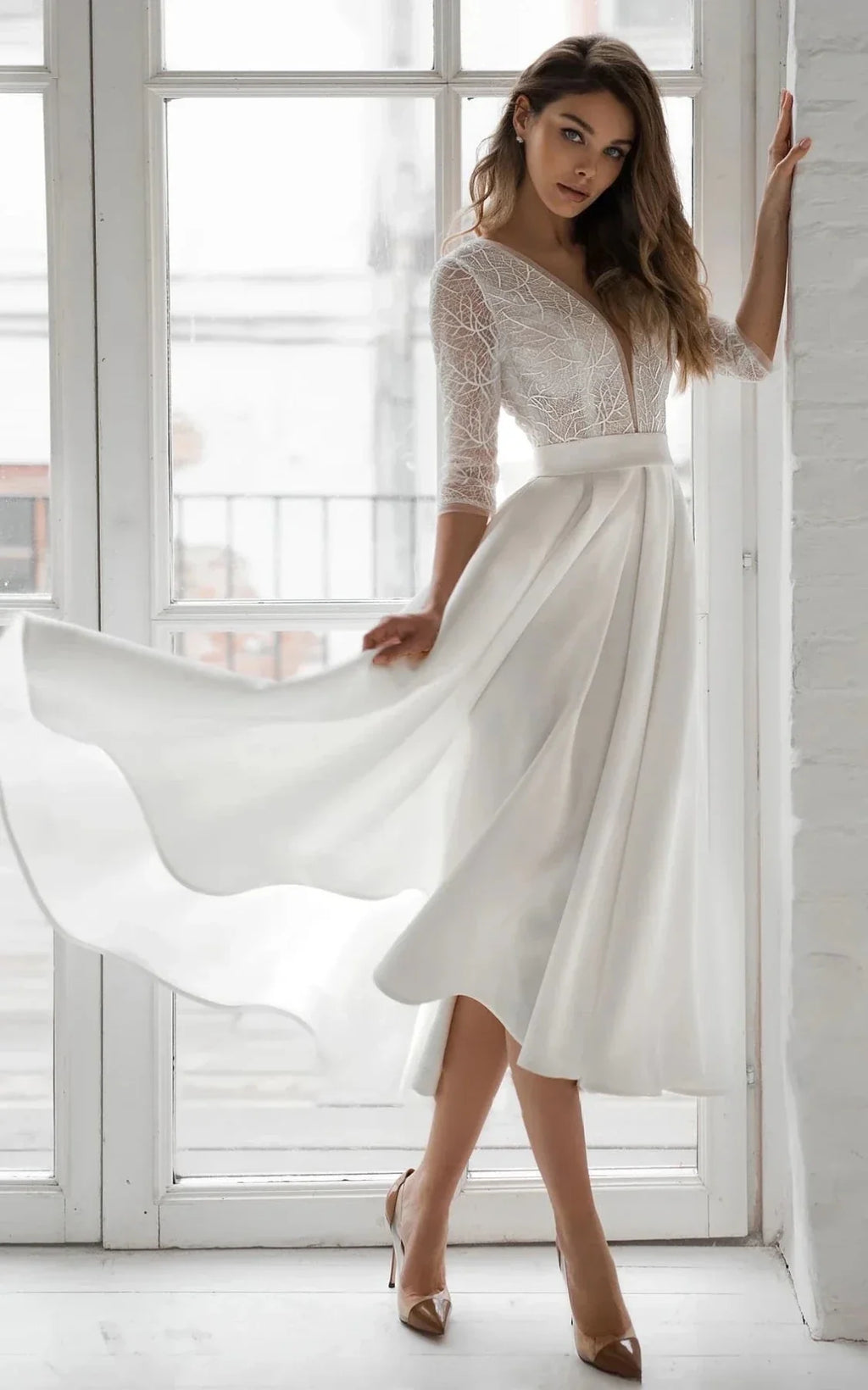 Satin V-neck A Line Tea-length Wedding Dress with Ruching and Sash - Curvevia