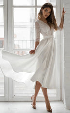 Satin V-neck A Line Tea-length Wedding Dress with Ruching and Sash - Curvevia