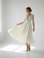 Satin V-neck A Line Tea-length Wedding Dress with Ruching and Sash - Curvevia