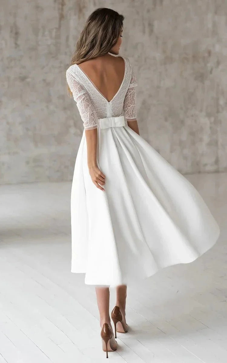 Satin V-neck A Line Tea-length Wedding Dress with Ruching and Sash - Curvevia