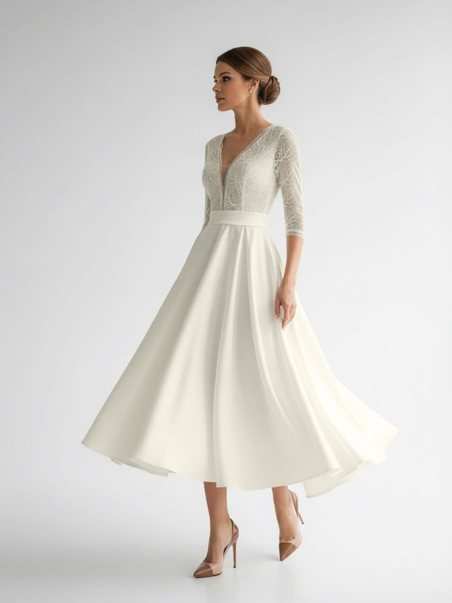 Satin V-neck A Line Tea-length Wedding Dress with Ruching and Sash - Curvevia