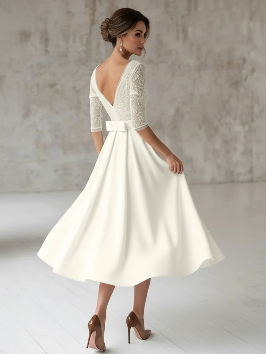 Satin V-neck A Line Tea-length Wedding Dress with Ruching and Sash - Curvevia