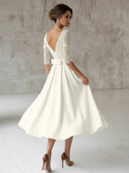 Satin V-neck A Line Tea-length Wedding Dress with Ruching and Sash - Curvevia