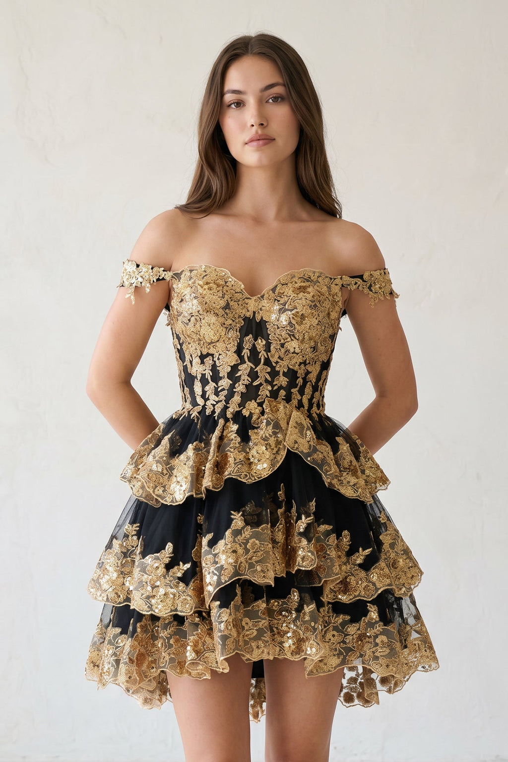 Ronda | Gold Off the Shoulder Applique Ruffle Wedding Guest Dress - Curvevia