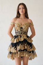 Ronda | Gold Off the Shoulder Applique Ruffle Wedding Guest Dress - Curvevia