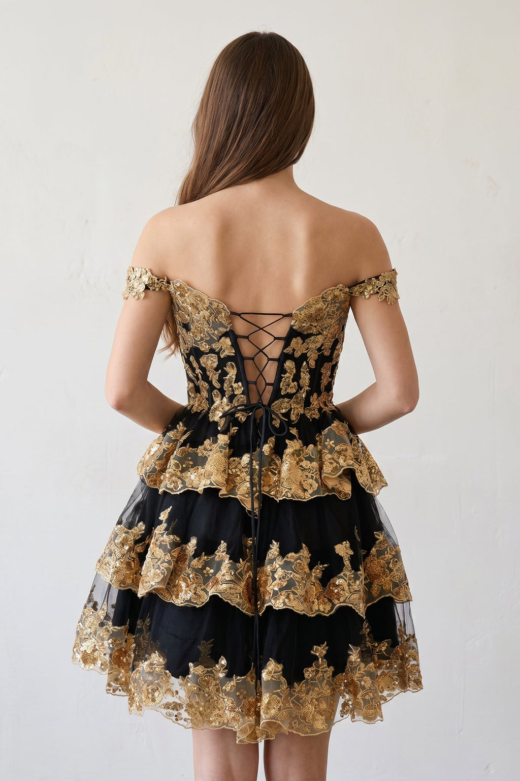 Ronda | Gold Off the Shoulder Applique Ruffle Wedding Guest Dress - Curvevia