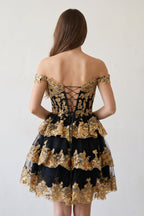 Ronda | Gold Off the Shoulder Applique Ruffle Wedding Guest Dress - Curvevia
