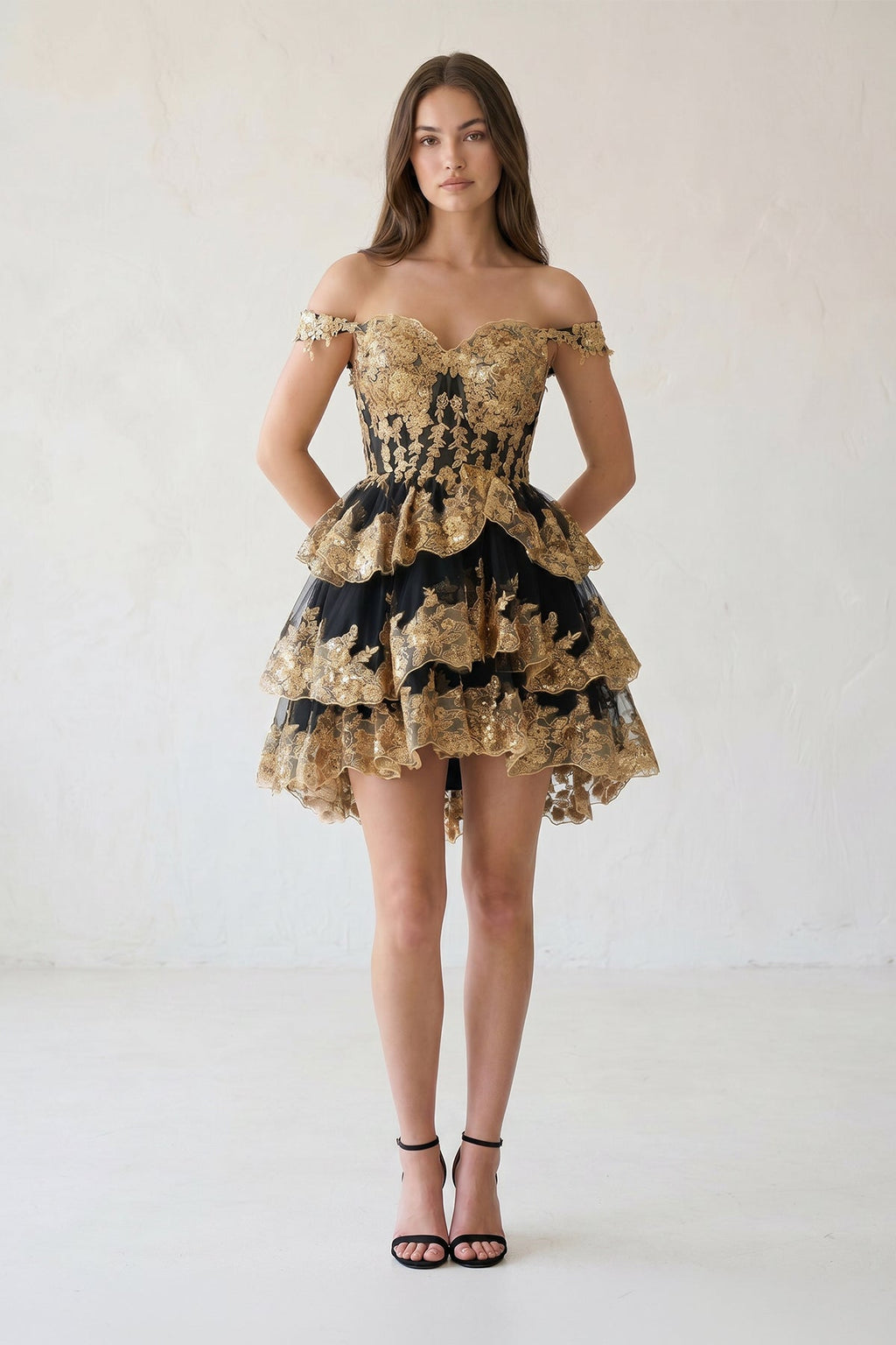 Ronda | Gold Off the Shoulder Applique Ruffle Wedding Guest Dress - Curvevia