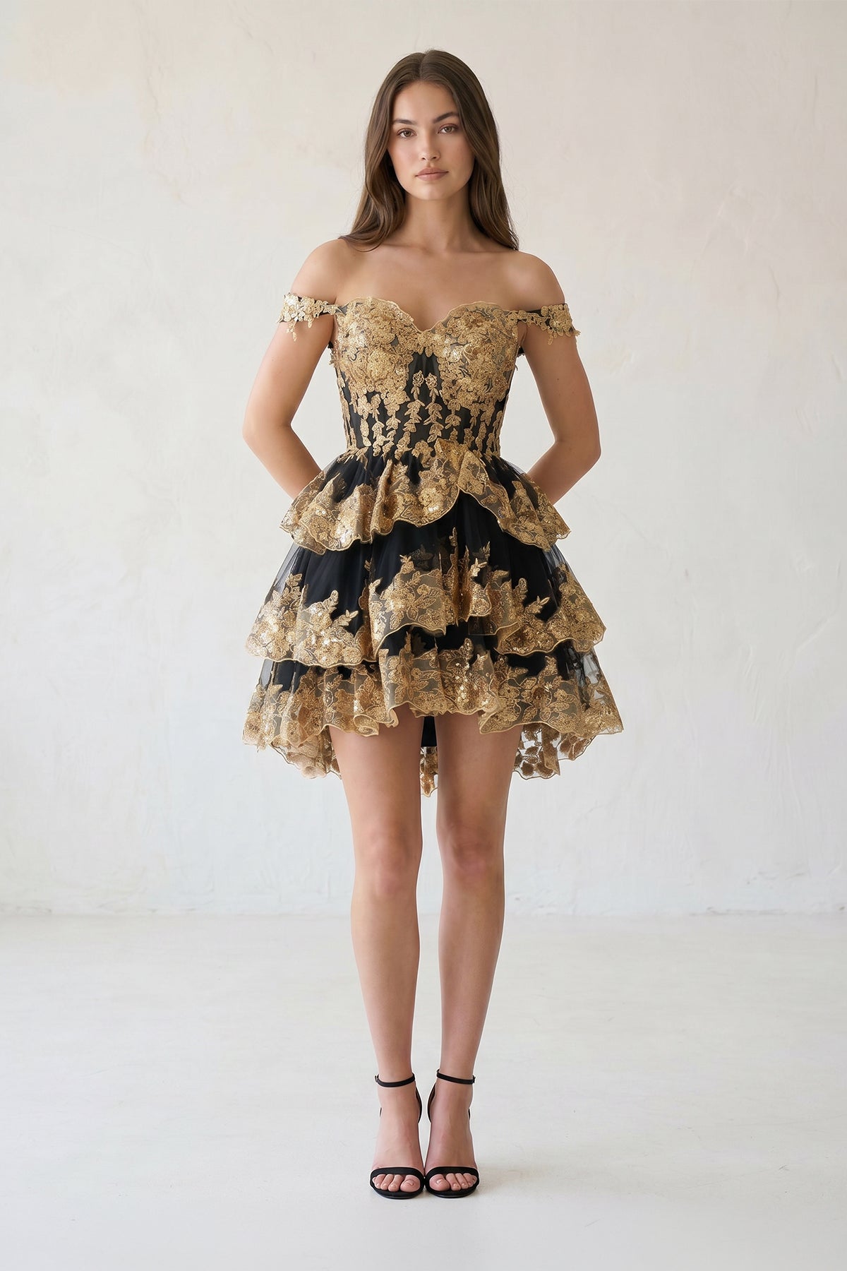 Ronda | Gold Off the Shoulder Applique Ruffle Wedding Guest Dress - Curvevia
