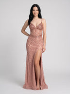 Rose Gold Beaded Mesh Sheath Sweetheart Lace-up Floor-Length Dress with Corset Bodice - Curvevia