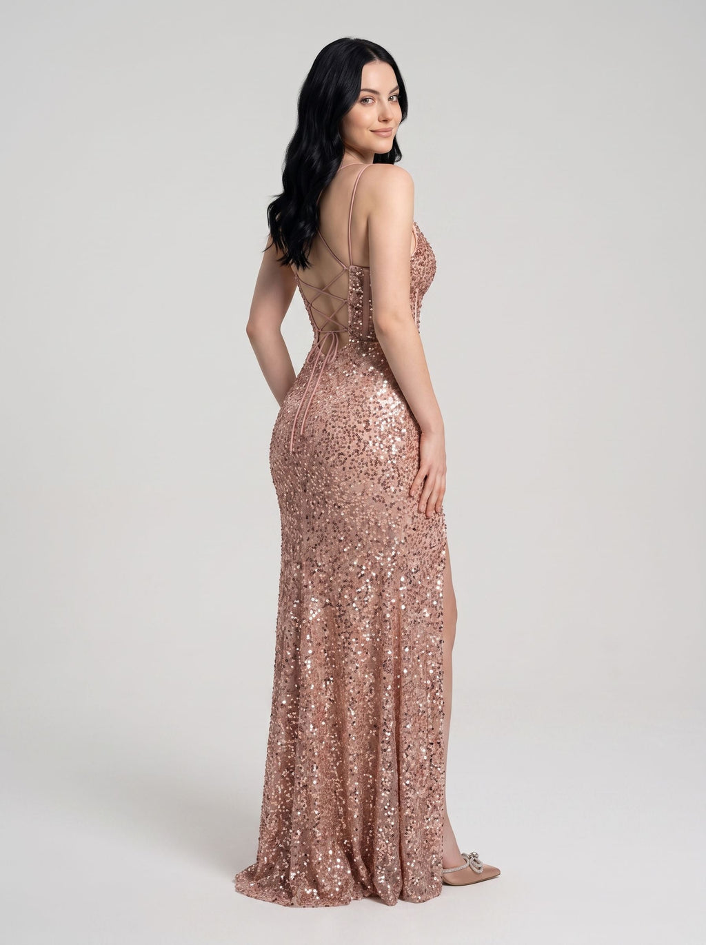 Rose Gold Beaded Mesh Sheath Sweetheart Lace-up Floor-Length Dress with Corset Bodice - Curvevia
