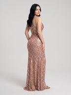 Rose Gold Beaded Mesh Sheath Sweetheart Lace-up Floor-Length Dress with Corset Bodice - Curvevia
