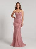 Rose Gold Beaded Tulle Sheath V-Neck Corset Back Floor-Length Dress with Sweep Train - Curvevia