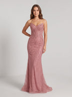 Rose Gold Beaded Tulle Sheath V-Neck Corset Back Floor-Length Dress with Sweep Train - Curvevia
