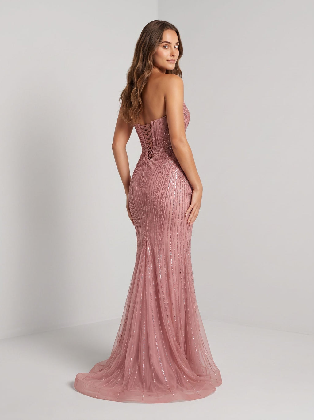 Rose Gold Beaded Tulle Sheath V-Neck Corset Back Floor-Length Dress with Sweep Train - Curvevia