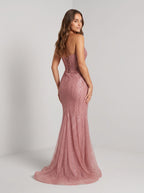 Rose Gold Beaded Tulle Sheath V-Neck Corset Back Floor-Length Dress with Sweep Train - Curvevia