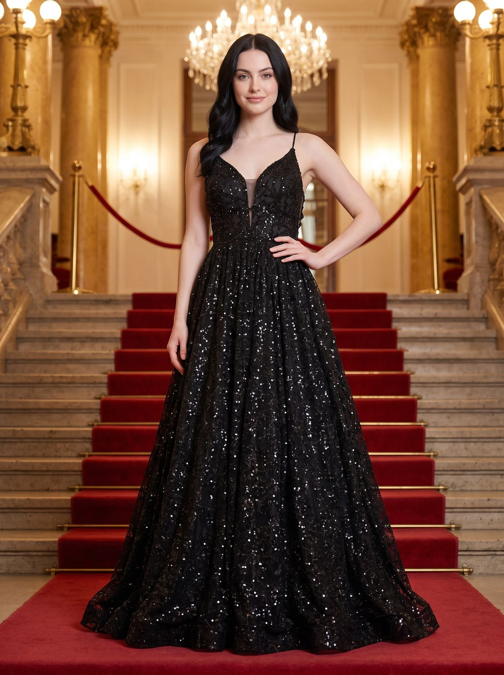 Black Mesh A-Line V-Neck Lace-up Floor-Length Dress with Pleated Bodice - Curvevia