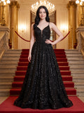 Black Mesh A-Line V-Neck Lace-up Floor-Length Dress with Pleated Bodice - Curvevia