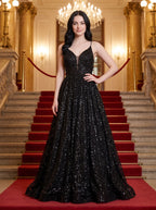 Black Mesh A-Line V-Neck Lace-up Floor-Length Dress with Pleated Bodice - Curvevia