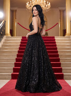 Black Mesh A-Line V-Neck Lace-up Floor-Length Dress with Pleated Bodice - Curvevia