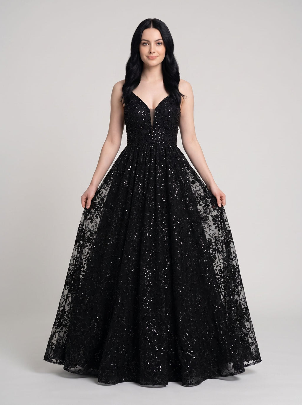 Black Mesh A-Line V-Neck Lace-up Floor-Length Dress with Pleated Bodice - Curvevia