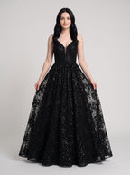Black Mesh A-Line V-Neck Lace-up Floor-Length Dress with Pleated Bodice - Curvevia