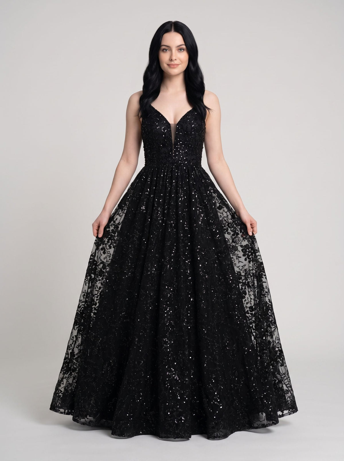 Black Mesh A-Line V-Neck Lace-up Floor-Length Dress with Pleated Bodice - Curvevia