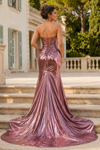 Mermaid Sweetheart Strapless Metallic Empire Evening Dress With Side Slit - Curvevia